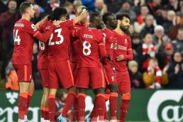 Liverpool Players Celebrate Mane`s winner against West Ham. March -5- 2022