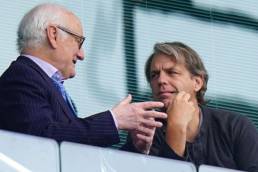 Todd-Boehly-speaking with Bruce Buck at Stamford Bridge.