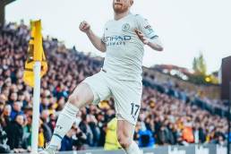 Kevin De bruyne celebrating after opening the scoring against Wolves in Manchester City's 5-1 win over Wolves