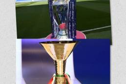 The Premier League Trophy in Royal blue ribbons and The Scudetto Trophy in Italian colors