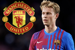 Frenkie de Jong in Barcelona's 2021/22 home kit (edited) with a Manchester United badge