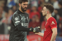 Alisoon Becker and Diogo Jota in a Champions League game for Liverpool
