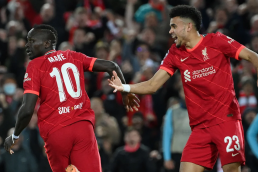 Sadio Mane and Luis Diaz celebrating a Liverpool goal