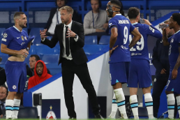 Graham Potter with Chelsea attackers in his first Champions League match against Salzburg