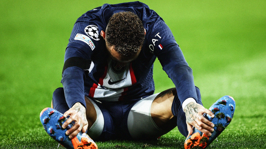 Neymar lying bows his head in frustration as PSG as failed to break down Bayern Munich.