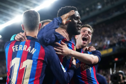 Franck Kessie celebrating after scoring a late winner for Barcelona against Real Madrid 19th march 2023
