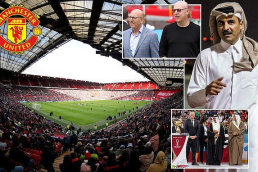 Manchester United stadium featuring collage images of potential buyers of the club after the glazers indicated that they are willing to sell the club.