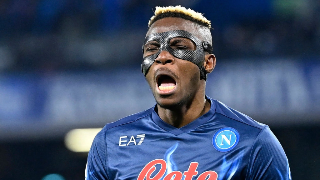Napoli's Victor Osimhen screaming in a protective mask - Weekend Picks - Anytime Goalscorers
