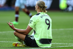 Haaland celebrating a goal for Manchester City against West Ham at the London stadium earlier in the 2022/23 campaign