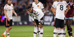 Manchester United players tired after losing away to West Ham 1-0 . May 7th, 2023.