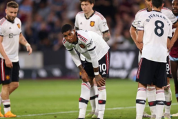 Manchester United players tired after losing away to West Ham 1-0 . May 7th, 2023.