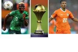 AFCON FINAL - Osimhen and Haller and AFCON trophy collage