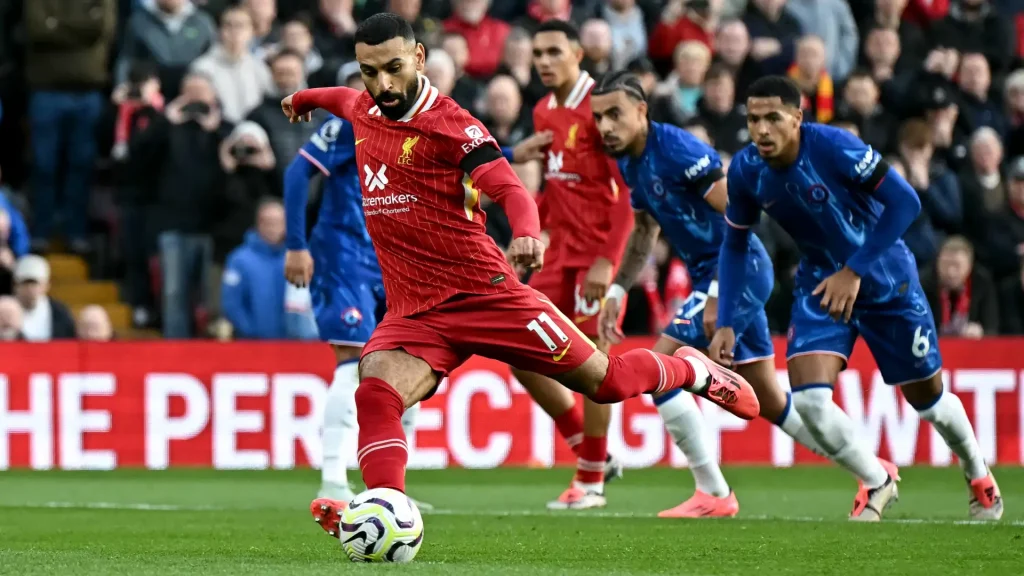 Mohamed Salah scoring a penalty against Chelsea