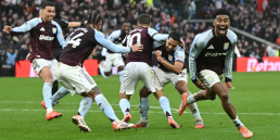 Aston Villa players celebrating winner v Arsenal